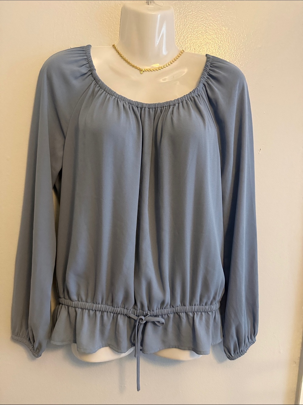Karen Kane Dusty Blue Long Sleeve Peasant Top with Drawstring Hem